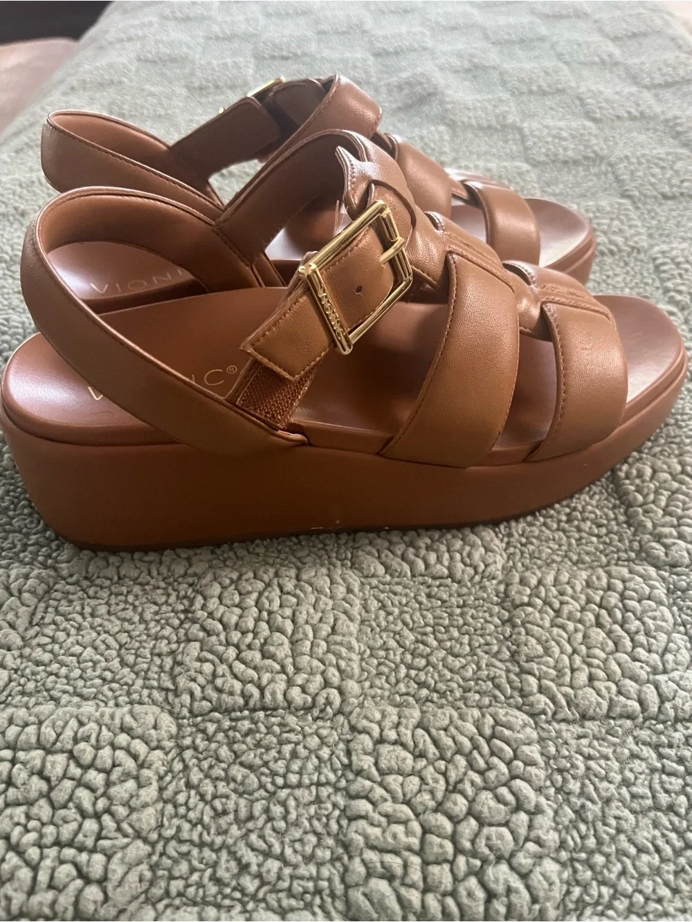 Vionic Brown Platform Sandals with Gold Buckle